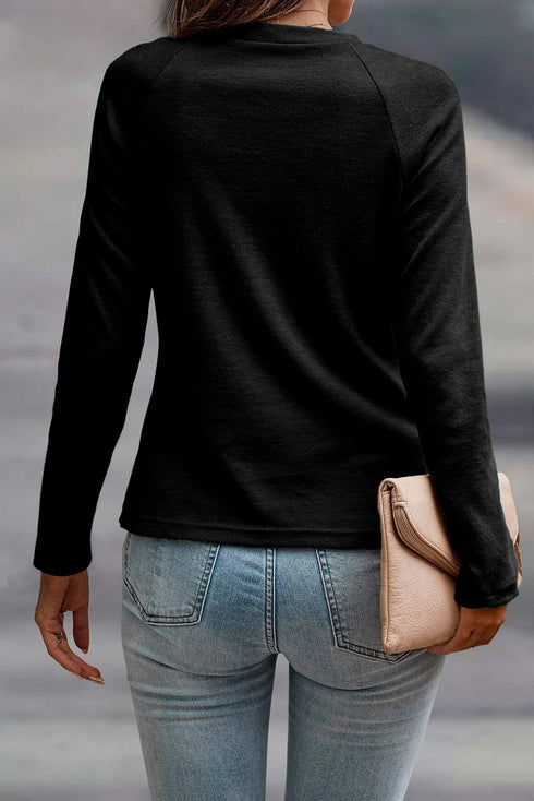 Raglan Long Sleeve Exposed Seam Detail Relaxed Fit Crew Neck Top